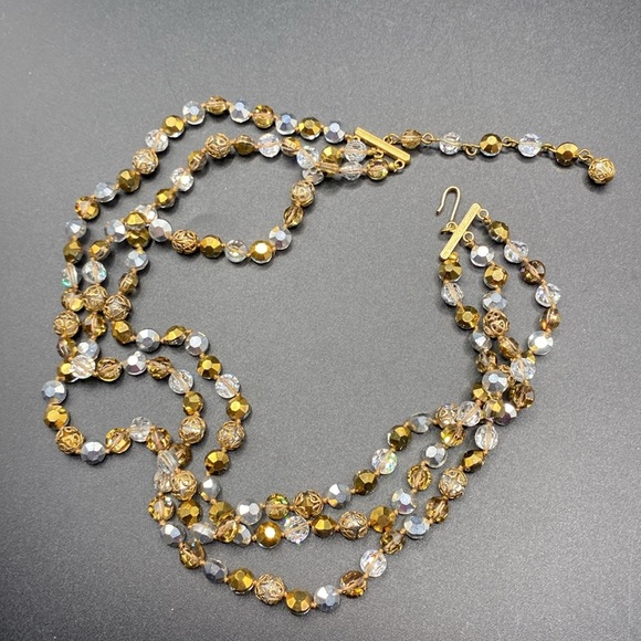 Faceted Glass Beads Triple Strand Crystal Necklace - Picture 4 of 7
